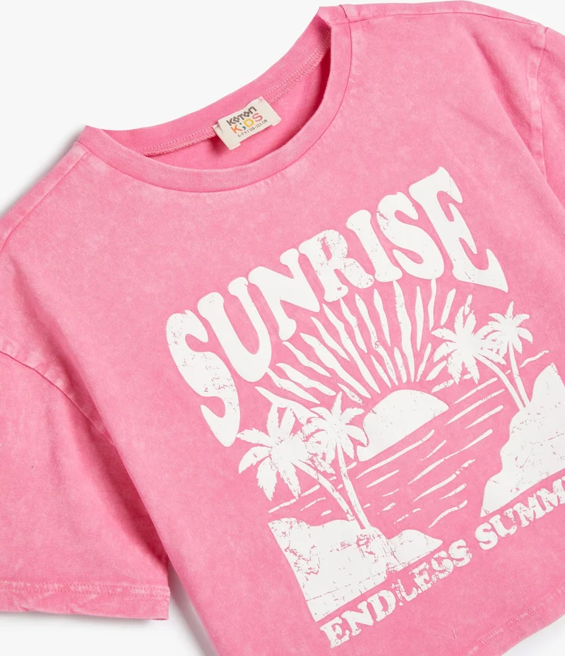 كوتون Crop T-Shirt Tropical Printed Short Sleeve Crew Neck Cotton