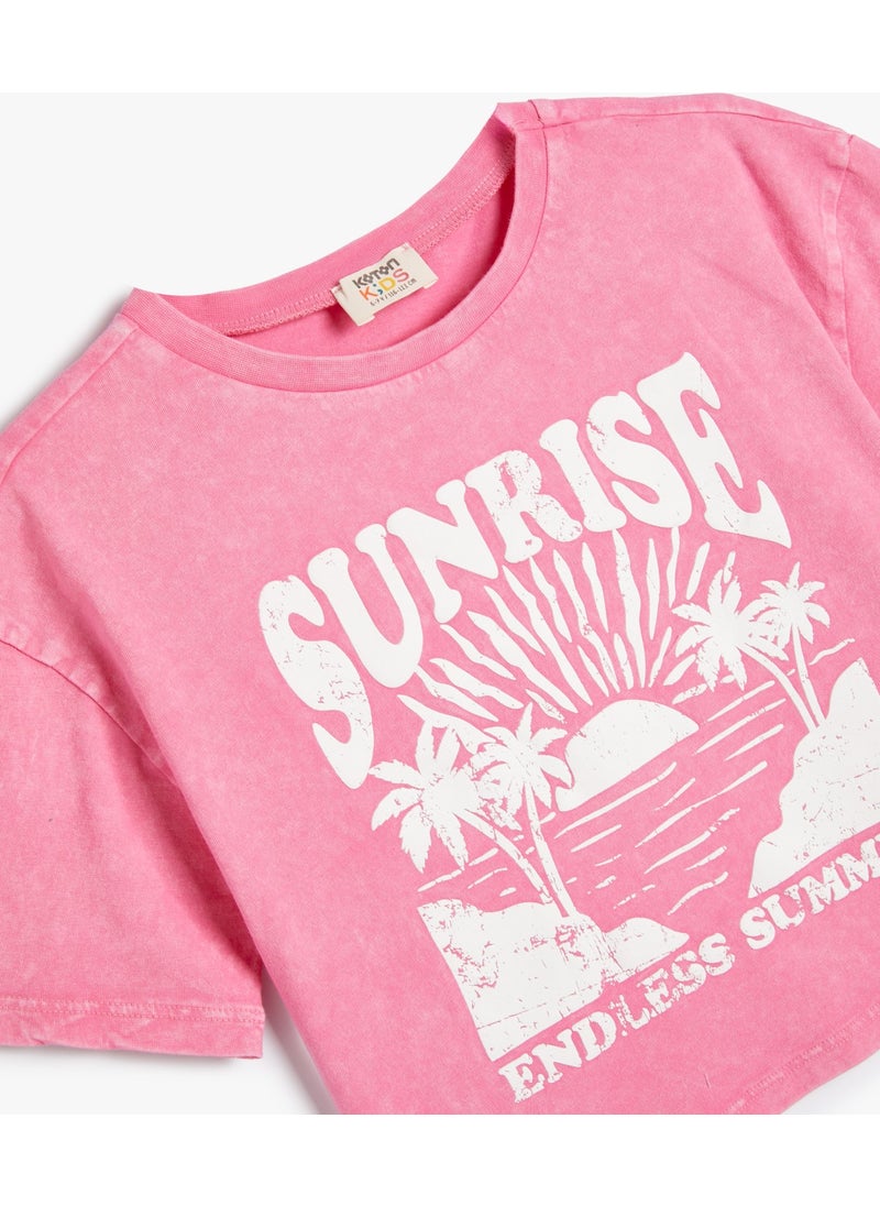 KOTON Crop T-Shirt Tropical Printed Short Sleeve Crew Neck Cotton  - Image 3