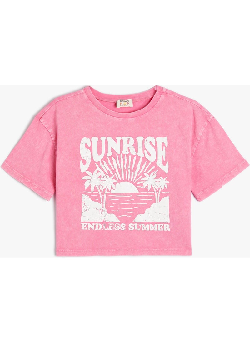 KOTON Crop T-Shirt Tropical Printed Short Sleeve Crew Neck Cotton  - Image 1