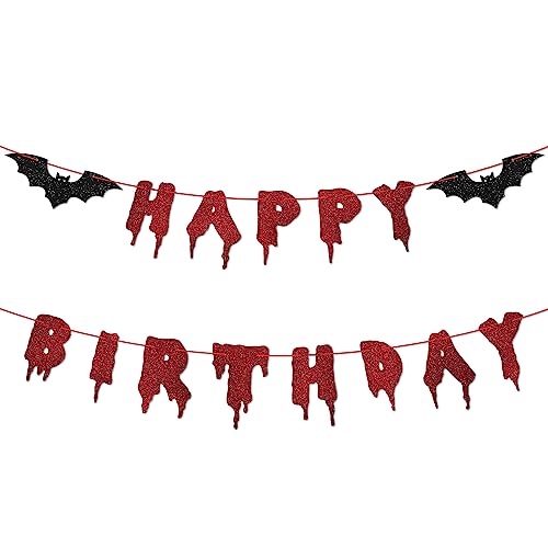 Photken Red Glittery Happy Birthday Halloween Banner Halloween Hanging Paper Garland Bunting Banner Bloody Bat Vampire Decorations Photo Backdrop for Wall Home Mantle Office Wall Scary Party Supplies - Image 1
