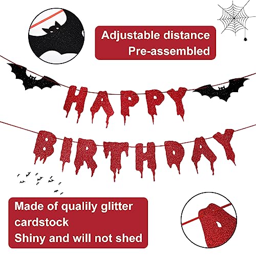 Photken Red Glittery Happy Birthday Halloween Banner Halloween Hanging Paper Garland Bunting Banner Bloody Bat Vampire Decorations Photo Backdrop for Wall Home Mantle Office Wall Scary Party Supplies - Image 5