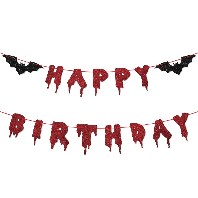 Photken Red Glittery Happy Birthday Halloween Banner Halloween Hanging Paper Garland Bunting Banner Bloody Bat Vampire Decorations Photo Backdrop for Wall Home Mantle Office Wall Scary Party Supplies - Image 3