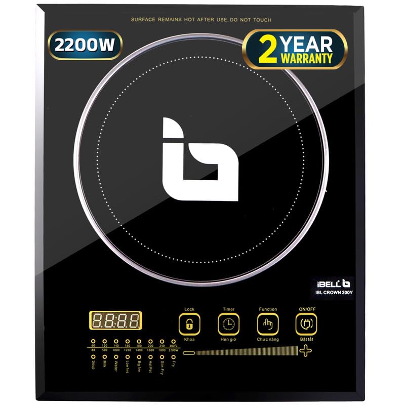 iBELL CROWN200Y Premium Induction Cooktop 2200 Watt, 2 Year Warranty, Crystal Glass Top, Big Size, Touch Buttons, 8 Cooking Modes, Auto Shut Off, Over Heat Protection (Black) - Image 1