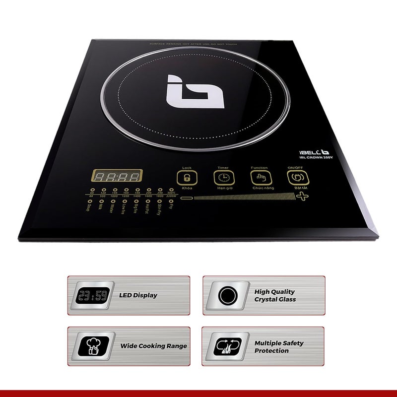 iBELL CROWN200Y Premium Induction Cooktop 2200 Watt, 2 Year Warranty, Crystal Glass Top, Big Size, Touch Buttons, 8 Cooking Modes, Auto Shut Off, Over Heat Protection (Black) - Image 4