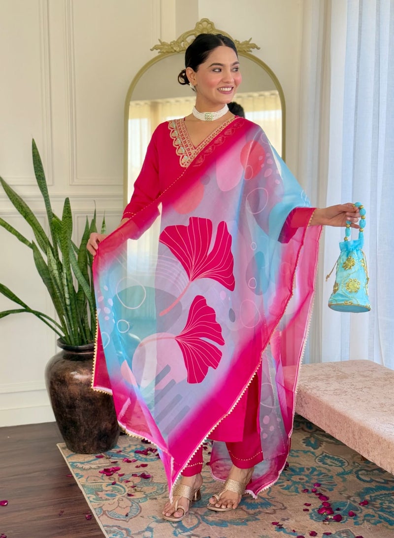 Super Asian "Rayon Slub Kurta with Rayon Slub Pant & Teby Silk Printed Dupatta – Embroidered Design" - Image 4
