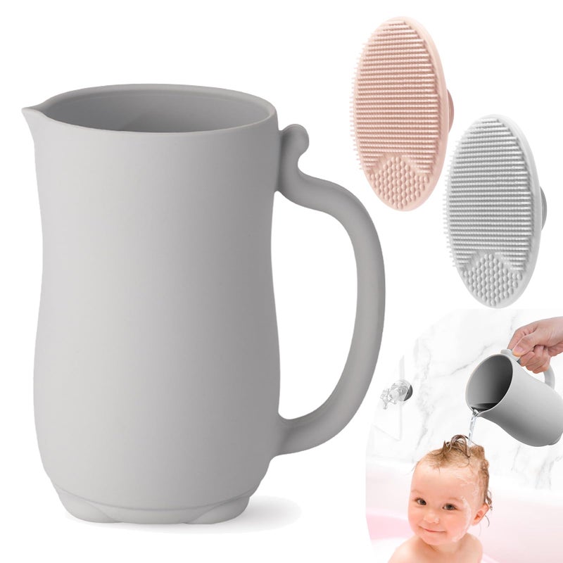 PandaEar Baby Bath Rinse Cup, Silicone Baby Shampoo Rinser with 2 Pack Cradle Cap Brush for Kids Toddler Body Washing (Grey) - Image 1