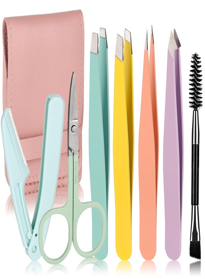 MSQ 7pcs Eyebrow Tweezers Kit with Travel Bag for Women 4Pcs Professional Stainless Steel Tweezers and Brow Scissors & Razor & Spoolie for Facial, Chin, Eyebrow, Splinter and Ingrown Hair - Image 1