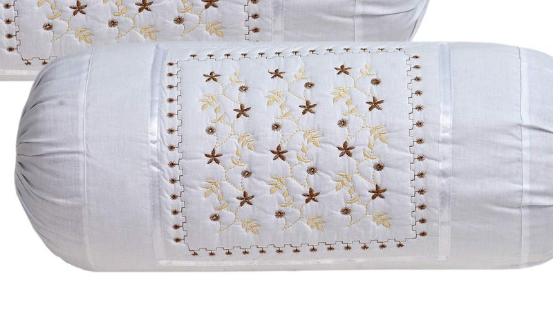 HSR Collection 100% Cotton 300 TC Embroidered Bolster Covers (Pack of 2, White) - Image 2