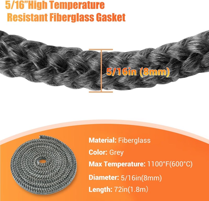 Protalwell Wood Stove Gasket (5/16" x 72" Rope), Wood Stove Door Gasket, Grey Color Fiberglass Gasket, Wood Stove Door Seal, 5/16 in High Temperature Resistant Wood Stove Gasket Rope - Image 2