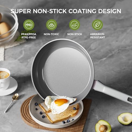 Sanho Nonstick Frying Pans Set, Ceramic Pan Skillet, Non Toxic Pans for Cooking, 8" 10" 12" Ceramic Frying Pan Set PFAS & PTFE & PFOA Free with Stay Cool Handle, Dishwasher & Oven Safe, Gray - Image 3