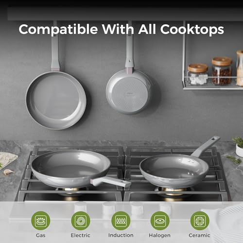 Sanho Nonstick Frying Pans Set, Ceramic Pan Skillet, Non Toxic Pans for Cooking, 8" 10" 12" Ceramic Frying Pan Set PFAS & PTFE & PFOA Free with Stay Cool Handle, Dishwasher & Oven Safe, Gray - Image 5