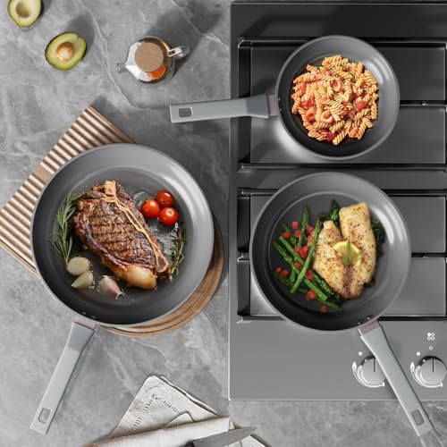 Sanho Nonstick Frying Pans Set, Ceramic Pan Skillet, Non Toxic Pans for Cooking, 8" 10" 12" Ceramic Frying Pan Set PFAS & PTFE & PFOA Free with Stay Cool Handle, Dishwasher & Oven Safe, Gray - Image 4