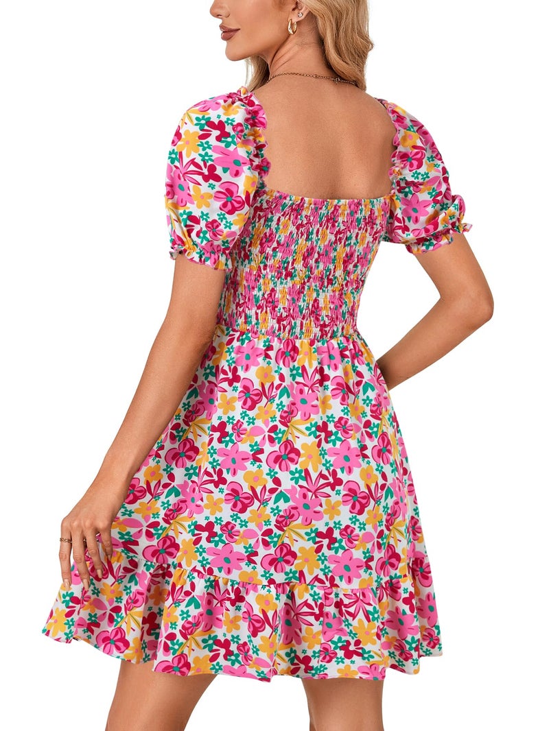 Rooscier Women's Summer Boho Floral Print Square Neck Smocked Ruffle Casual Sundress Mini Dress Rose Floral X-Large - Image 5