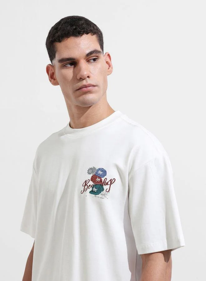 The Indian Garage Co Men Relaxed Fit Embroided Crew Neck Half Sleeves Crew Neck T-Shirt