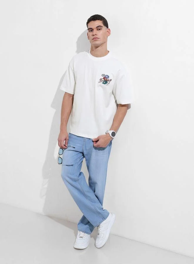 The Indian Garage Co Men Relaxed Fit Embroided Crew Neck Half Sleeves Crew Neck T-Shirt