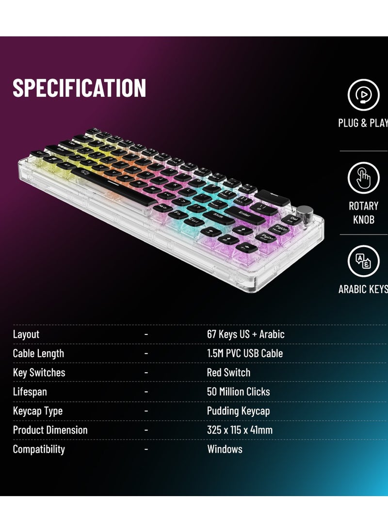 porodo Transparent Mechanical Keyboard with Pudding Keycaps and RGB Lights / Gaming - Transparent with Black Keys  - Image 5