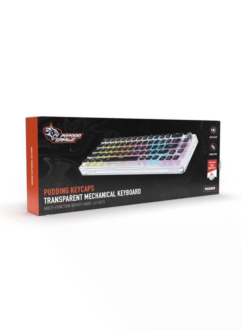 porodo - Transparent Mechanical Keyboard with Pudding Keycaps and RGB Lights / Gaming - Transparent with Black Keys - Image 1