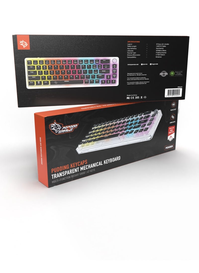 porodo - Transparent Mechanical Keyboard with Pudding Keycaps and RGB Lights / Gaming - Transparent with Black Keys - Image 1