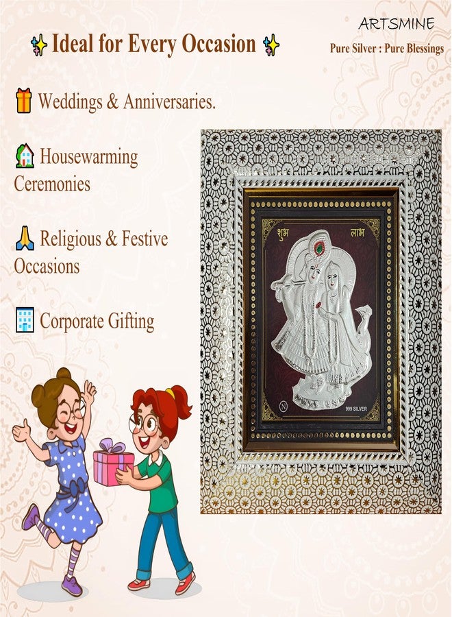 ARTSMINE – 999 Pure Silver Radha Krishna Frame – Pure Silver Sheet with Purity Certificate & Resale Value | Pooja Room, Home & Office Décor | Wedding, Corporate & Housewarming Gift | Handcrafted Table Top & Wall Mount – 1 Unit (20 × 22 CM) - Image 5