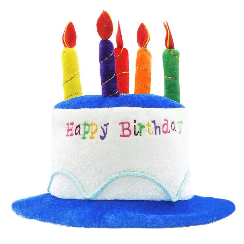 Novelty Place Blue Plush Happy Birthday Cake Hat - Unisex Adult Size Fancy Dress Party Hats - Perfect as Party Favors, Costume Accessories - Cake & 5 Multicolor Candles - Image 1