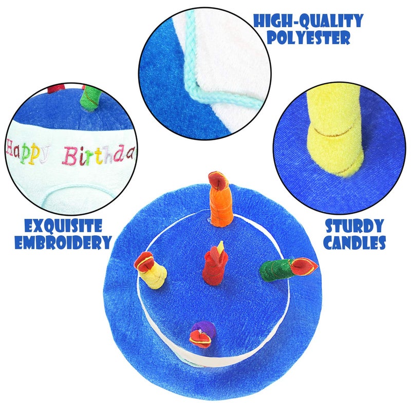 Novelty Place Blue Plush Happy Birthday Cake Hat - Unisex Adult Size Fancy Dress Party Hats - Perfect as Party Favors, Costume Accessories - Cake & 5 Multicolor Candles - Image 2