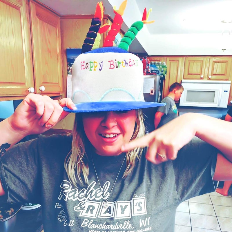 Novelty Place Blue Plush Happy Birthday Cake Hat - Unisex Adult Size Fancy Dress Party Hats - Perfect as Party Favors, Costume Accessories - Cake & 5 Multicolor Candles - Image 5