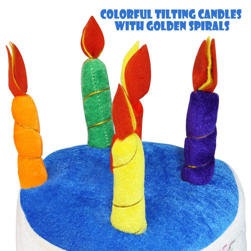 Novelty Place Blue Plush Happy Birthday Cake Hat - Unisex Adult Size Fancy Dress Party Hats - Perfect as Party Favors, Costume Accessories - Cake & 5 Multicolor Candles - Image 3