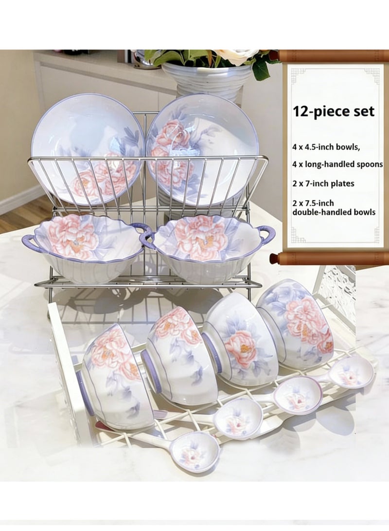 British Chef 12 Pieces Dinnerware Sets, Plates and Bowls Set, Porcelain Dishes Set for 4,  Scratch Resistant, Dining Ware Service for 4,  | Dishwasher and Microwave Safe | Floral Garden Design - Image 1