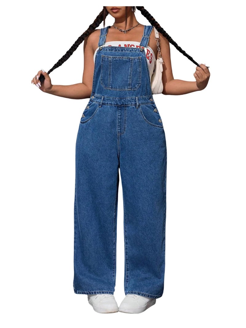 WDIRARA Women's Plus Size Denim Overall Straight Leg Jean Jumpsuit with Pockets Dark Wash 3X-Large Plus - Image 1