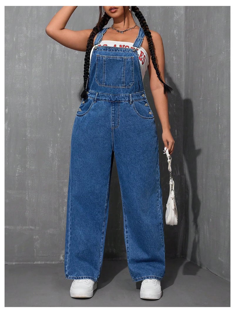 WDIRARA Women's Plus Size Denim Overall Straight Leg Jean Jumpsuit with Pockets Dark Wash 3X-Large Plus - Image 5