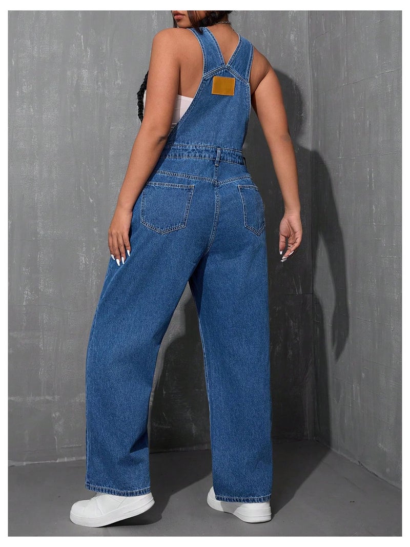 WDIRARA Women's Plus Size Denim Overall Straight Leg Jean Jumpsuit with Pockets Dark Wash 3X-Large Plus - Image 3