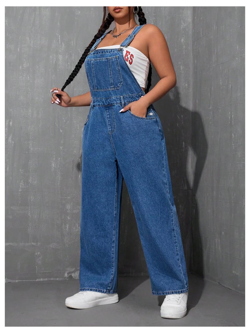 WDIRARA Women's Plus Size Denim Overall Straight Leg Jean Jumpsuit with Pockets Dark Wash 3X-Large Plus - Image 4