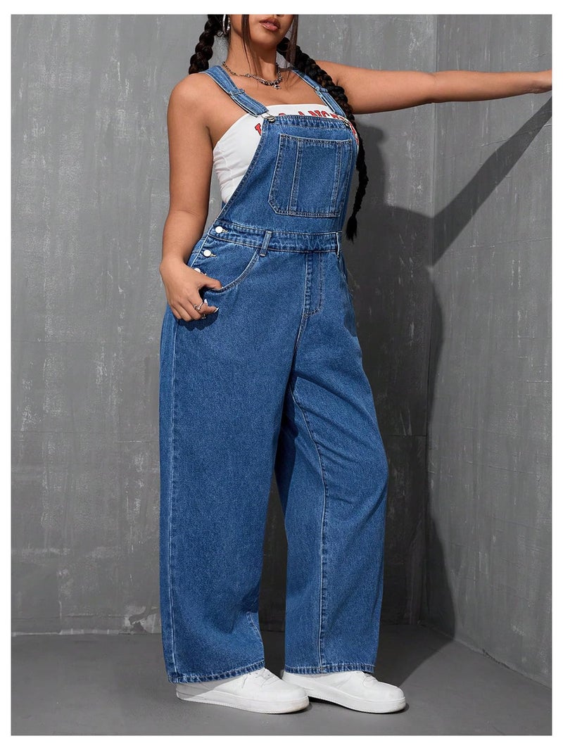 WDIRARA Women's Plus Size Denim Overall Straight Leg Jean Jumpsuit with Pockets Dark Wash 3X-Large Plus - Image 2