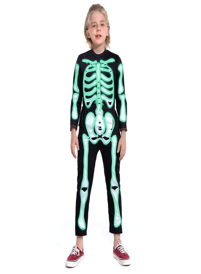 HSCTEK Light Up Skeleton Costume Kids Boys Girls, Glow in the Dark Bone Cosplay Toddler Children, EL Wire Led Halloween Clothes Onesie Jumpsuits Child, Green 78 - Image 1