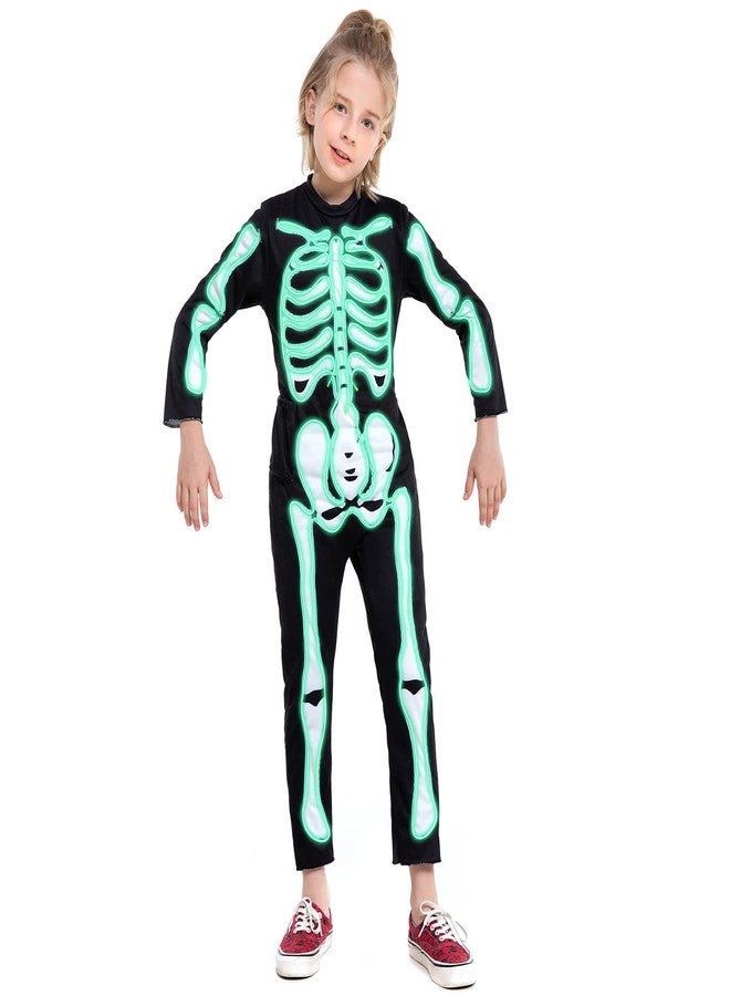 HSCTEK Light Up Skeleton Costume Kids Boys Girls, Glow in the Dark Bone Cosplay Toddler Children, EL Wire Led Halloween Clothes Onesie Jumpsuits Child, Green 78 - Image 3