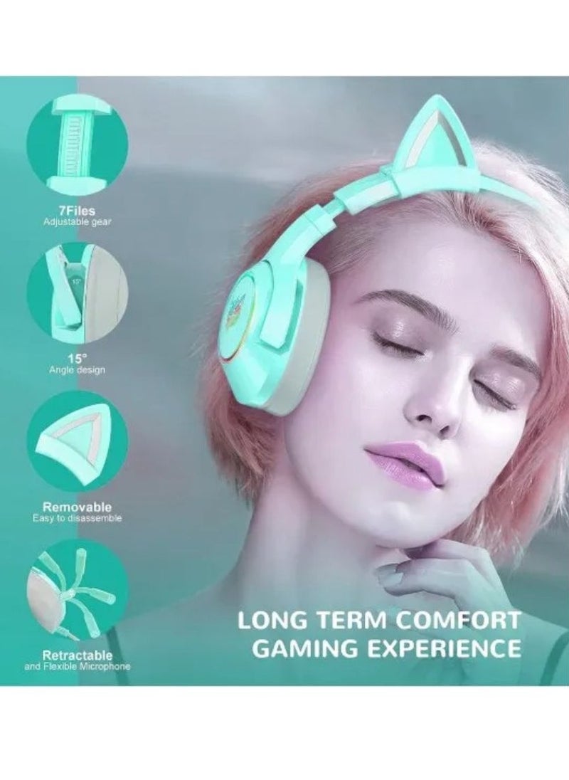 onikuma - Onikuma K9 Wired Gaming Headset with Removable Cat Ears Noise Canceling Retractable Microphone Green - Image 1