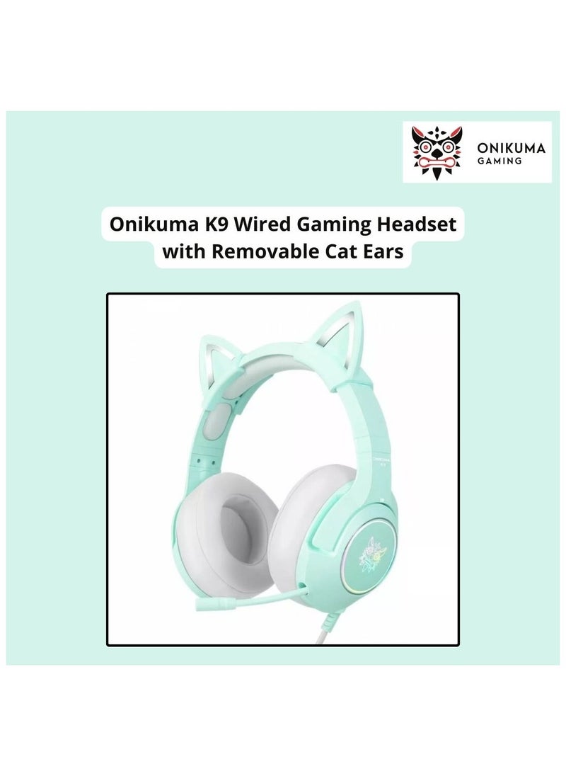 onikuma - Onikuma K9 Wired Gaming Headset with Removable Cat Ears Noise Canceling Retractable Microphone Green - Image 1