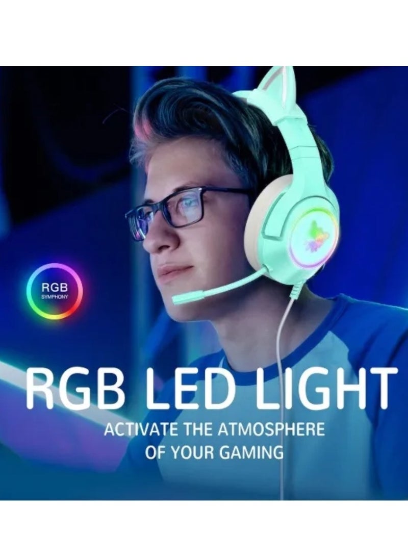 onikuma - Onikuma K9 Wired Gaming Headset with Removable Cat Ears Noise Canceling Retractable Microphone Green - Image 1