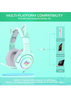onikuma Onikuma K9 Wired Gaming Headset with Removable Cat Ears Noise Canceling Retractable Microphone Green  - Image 3