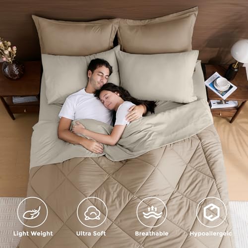 HEVUMYI Khaki & Linen Queen Comforter Set - 7-Piece All Season Bed in a Bag Queen, Ultra Soft Bedding Set with Comforter, Flat Sheet, Fitted Sheet, Pillowcases, Pillow Shams - Image 2
