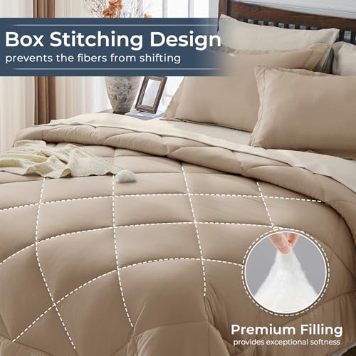 HEVUMYI Khaki & Linen Queen Comforter Set - 7-Piece All Season Bed in a Bag Queen, Ultra Soft Bedding Set with Comforter, Flat Sheet, Fitted Sheet, Pillowcases, Pillow Shams - Image 4