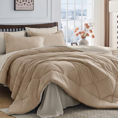 HEVUMYI Khaki & Linen Queen Comforter Set - 7-Piece All Season Bed in a Bag Queen, Ultra Soft Bedding Set with Comforter, Flat Sheet, Fitted Sheet, Pillowcases, Pillow Shams - Image 1