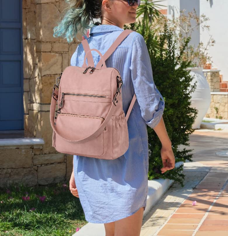 UTO Women Backpack Purse Oil Wax PU Leather Ladies Fashion Designer Rucksack Convertible Travel Shoulder Bag with Tassel Pink - Image 2