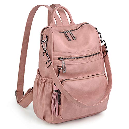 UTO Women Backpack Purse Oil Wax PU Leather Ladies Fashion Designer Rucksack Convertible Travel Shoulder Bag with Tassel Pink - Image 1