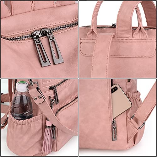 UTO Women Backpack Purse Oil Wax PU Leather Ladies Fashion Designer Rucksack Convertible Travel Shoulder Bag with Tassel Pink - Image 5