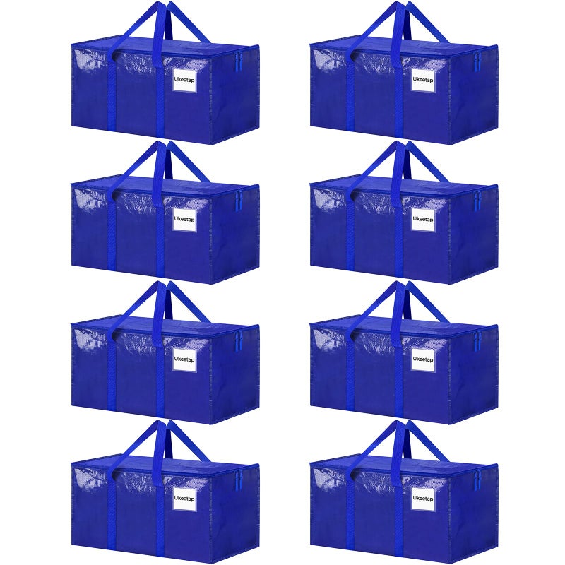 ukeetap 8 Pack Extra Large Heavy Duty Moving Bags, Blue Storage Bins with Lids, Reinforced Handles & Heavy-Duty Zippers Moving Boxes Storage Bags Totes for Clothes Packing, Dorms, College Supplies, Blue - Image 1