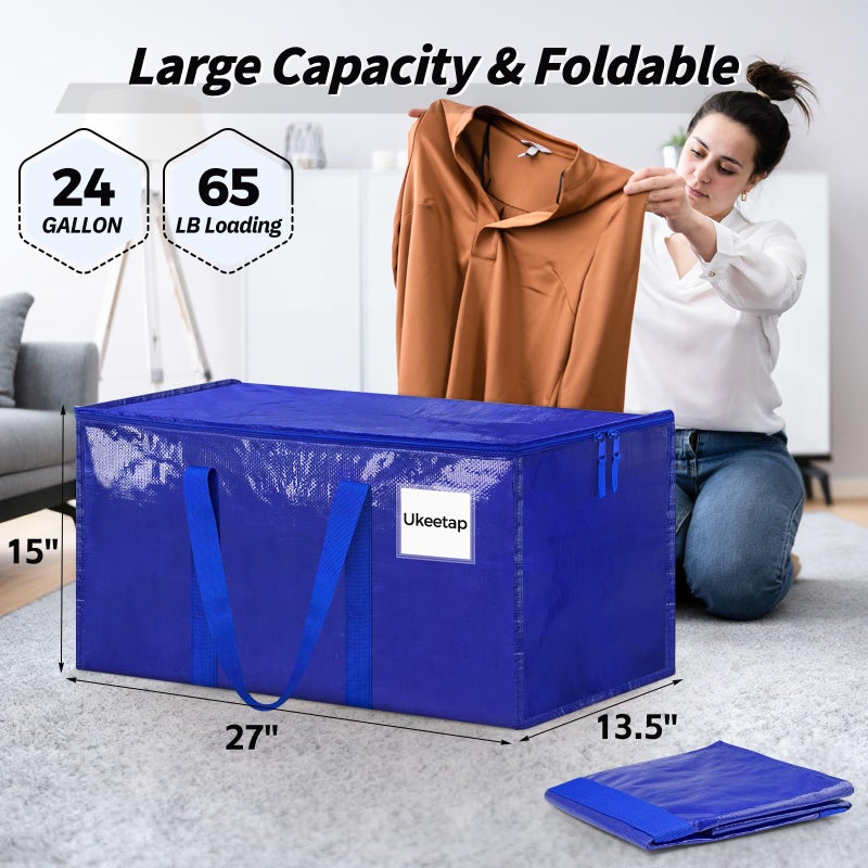 ukeetap 8 Pack Extra Large Heavy Duty Moving Bags, Blue Storage Bins with Lids, Reinforced Handles & Heavy-Duty Zippers Moving Boxes Storage Bags Totes for Clothes Packing, Dorms, College Supplies, Blue - Image 2