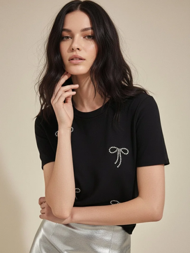 Outzidr  Black Embellished All Over Bows T-Shirt  | Best Price UAE
