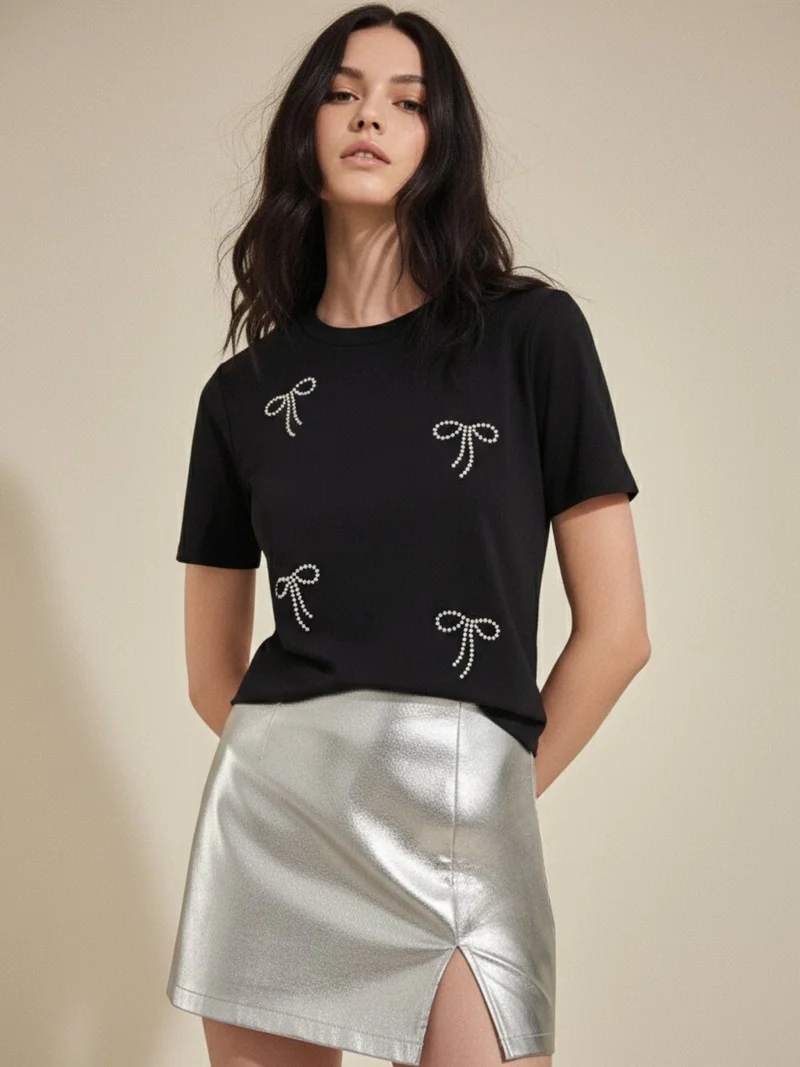 Outzidr  Black Embellished All Over Bows T-Shirt  | Best Price UAE