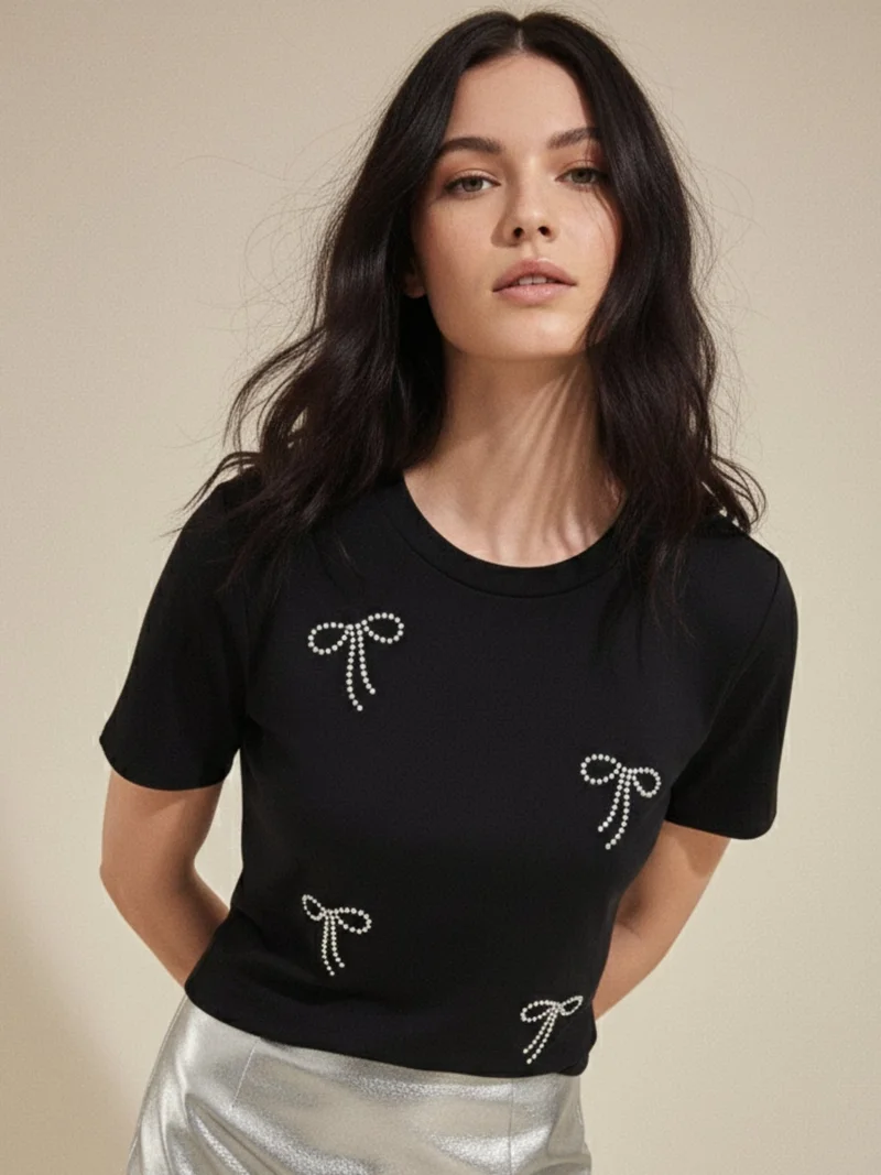 Outzidr  Black Embellished All Over Bows T-Shirt  | Best Price UAE